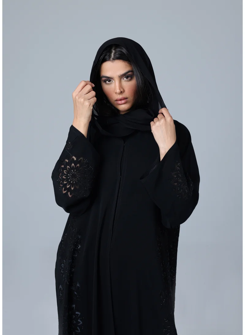 IKKXA Crystal Filigree Flowers Design Abaya ABY1034 Black